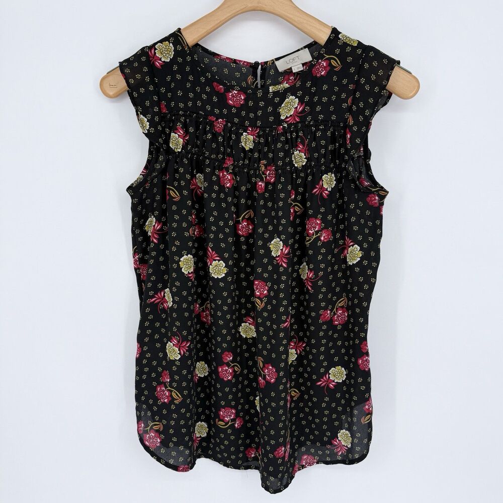 LOFT Outlet Sleeveless Floral Tank Top Blouse‎ Small Black Red Workwear Office